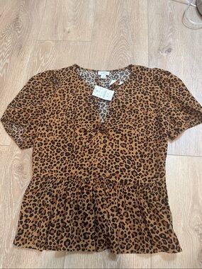 J. Crew Leopard Print Peplum Short Sleeve Top in Brown and Black